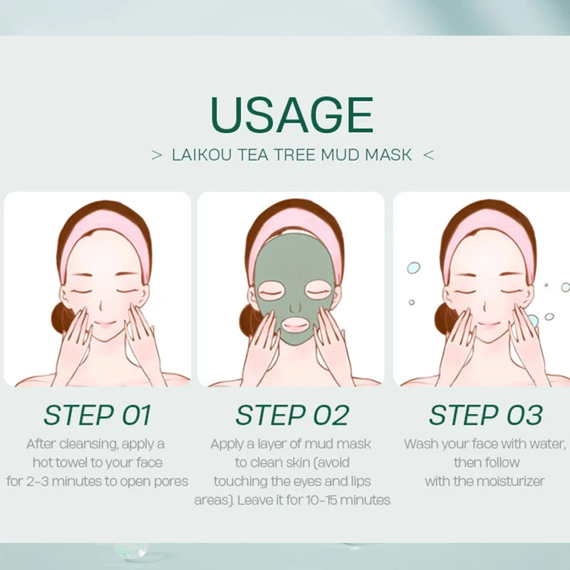 LAIKOU Tea Tree Mud Facial Mask Cream Deep Cleaning Oil-Control Moisturizing Blackhead Remover Acne Treatment Pore Cleanser Mud